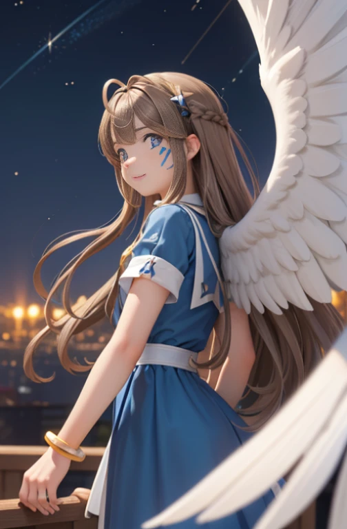 (Masterpiece), best quality, high resolution, Bell Dandy, long hair, blue eyes, brown hair, facial mark, Forehead marker, glove, wings, Neck throttle, bracelet, rings, body hair, angel wings, View from the side:0.6, (Forrest:1.1), stand, 20 age, Happy new years, rocket, nighttime