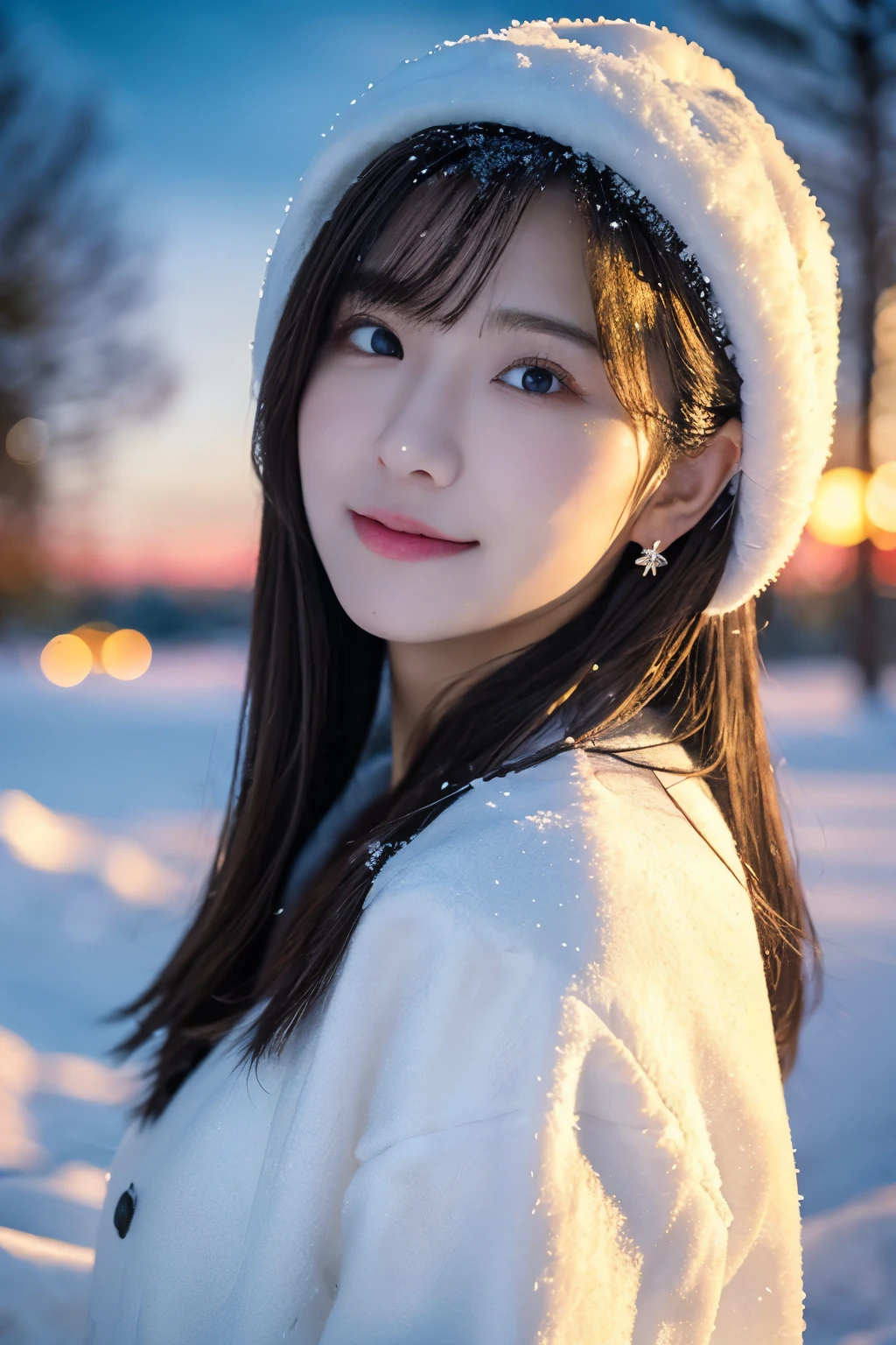 1 girl, (White winter clothes:1.2), Japanese beautiful actress, 
photogenic, Snow Princess, long eyelashes, Snowflake Earrings,
(Raw photo, best quality), (Reality, photorealistic:1.4), (masutepiece), 
beautiful detailed eyes, beautiful detailed lips, highly detailed eyes and face, 
BREAK is
 (Frozen snow field in winter Lapland), (The last vestiges of the twilight sky:1.4), 
ethereal beauty, Swirling snowflakes, Snowy trees, Powder snow, snow-capped mountain, 
Snowy field landscape at dusk, 
Indigo and dark vermilion color scheme, Dramatic Lighting, Fantastic atmosphere, 
BREAK is 
Perfect Anatomy, whole body slender, small breasts, short hair, parted bangs, Angel Smile, 
Crystal-like skin, make eyes clear, Strobe photography, catch light