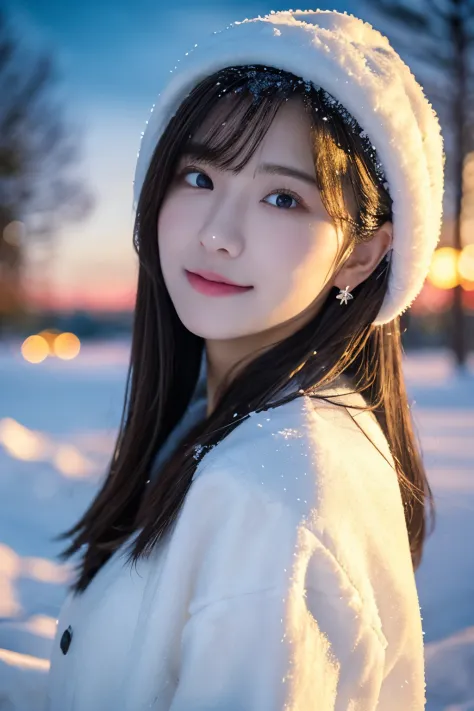 1 girl, (White winter clothes:1.2), Japanese beautiful actress, 
photogenic, Snow Princess, long eyelashes, Snowflake Earrings,
...