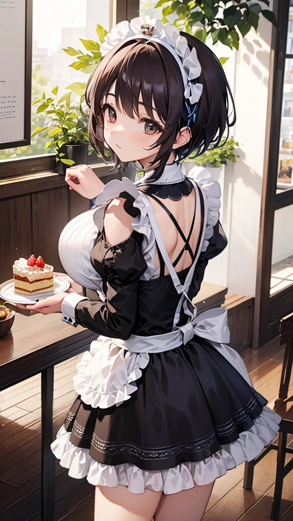 photo promotionnelle, l&#39;endroit est un café, 1 fille, Visage d&#39;un jeune de 16 ans, Serveuse portant un gâteau à table, À tête rouge à double queue, Visage gentil, Demi-déguisement gothique Lolita et costume de femme de chambre avec image de fraise, vêtements à base de blanc,gros seins