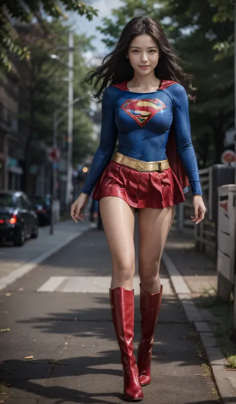 No background、Fitted Supergirl costume、Body Fit Costumes、and draw the full body、(((Wear black tights on your beautiful legs.)))、(((stretch your legs、tall、Legally express the beauty of your smile)))、((((Make the most of the original image)))、(((Supergirl Co...