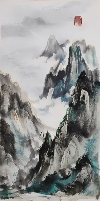 天空红日的mountain画, inspired by algae, inspired by huang binhong, inspired by wang shimin, inspired by wang shishen, inspired by kim...