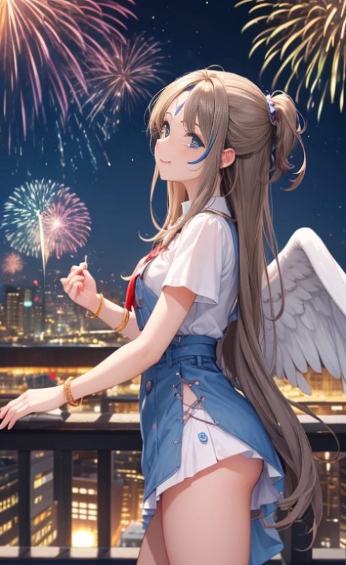 (Masterpiece), best quality, high resolution, Bell Dandy, long hair, blue eyes, brown hair, facial mark, Forehead marker, glove, wings, Neck throttle, bracelet, rings, body hair, angel wings, View from the side:0.6, (Forrest:1.1), stand, 25 years old, Happy new years, Fireworks fill the sky, nighttime, Sharp picture 