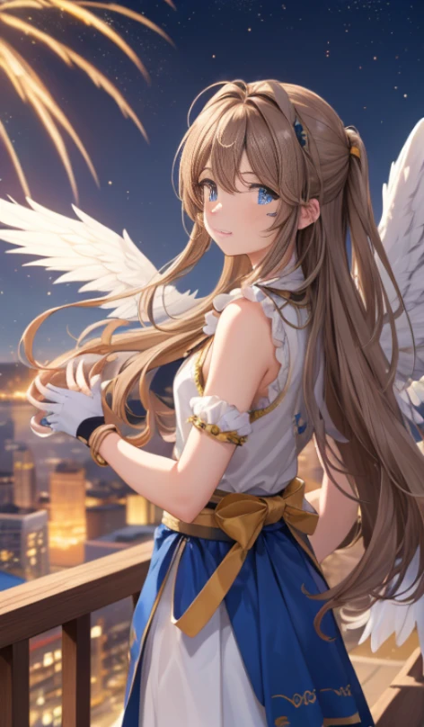 (Masterpiece), best quality, high resolution, Bell Dandy, long hair, blue eyes, brown hair, facial mark, Forehead marker, glove, wings, Neck throttle, bracelet, rings, body hair, angel wings, View from the side:0.6, (Forrest:1.1), stand, 25 years old, Happy new years, Fireworks fill the sky, nighttime, Sharp picture, Long skirt, Dark Sky, new year festival