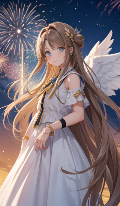 (Masterpiece), best quality, high resolution, Bell Dandy, long hair, blue eyes, brown hair, facial mark, Forehead marker, glove, wings, Neck throttle, bracelet, rings, body hair, angel wings, View from the side:0.6, (Forrest:1.1), stand, 25 years old, Happy new years, Fireworks fill the sky, nighttime, Sharp picture, Long skirt, Dark Sky, new year festival