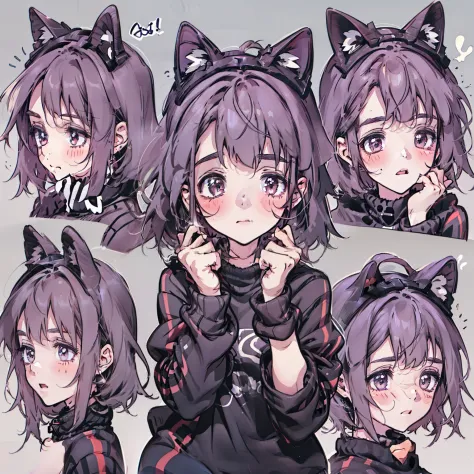cute  girls，emoji pack，cat ear，violet-haired，short hair,（9 emojis，emoji sheet，Align arrangement)，9 poses and expressions（Grieving，astonishment，having fun，excitement，big laughter，doubt，Angry，Touch your head，Sell moe, wait），Anthropomorphic style，Disney style...