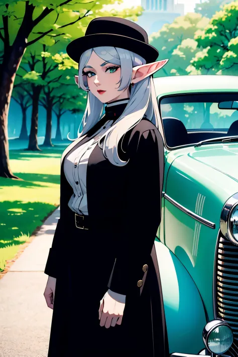 master piece, pale skin, red lips, olhos verdes, sombra, Front photo of a beautiful elf woman with white hair standing on the st...