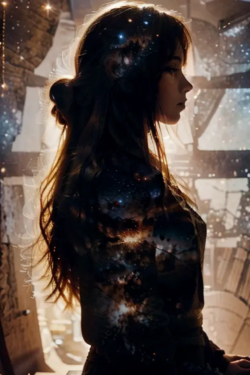1girl, long hair, side view, background is milky way galaxy