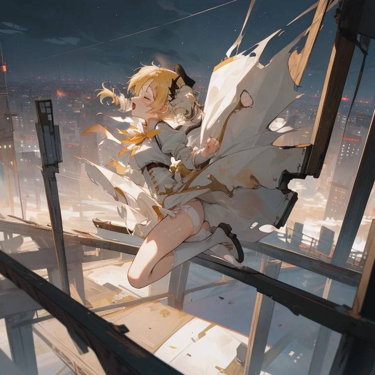 1 girl, mami tomoe, masterpiece, best quality, highres, big breast, pain, screaming, closed eyes, (torn clothes, white panties:1.2), tearing up, scenery, city background, wreck