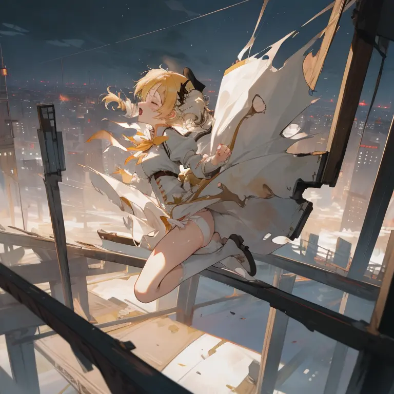 1 girl, mami tomoe, masterpiece, best quality, highres, big breast, pain, screaming, closed eyes, (torn clothes, white panties:1...