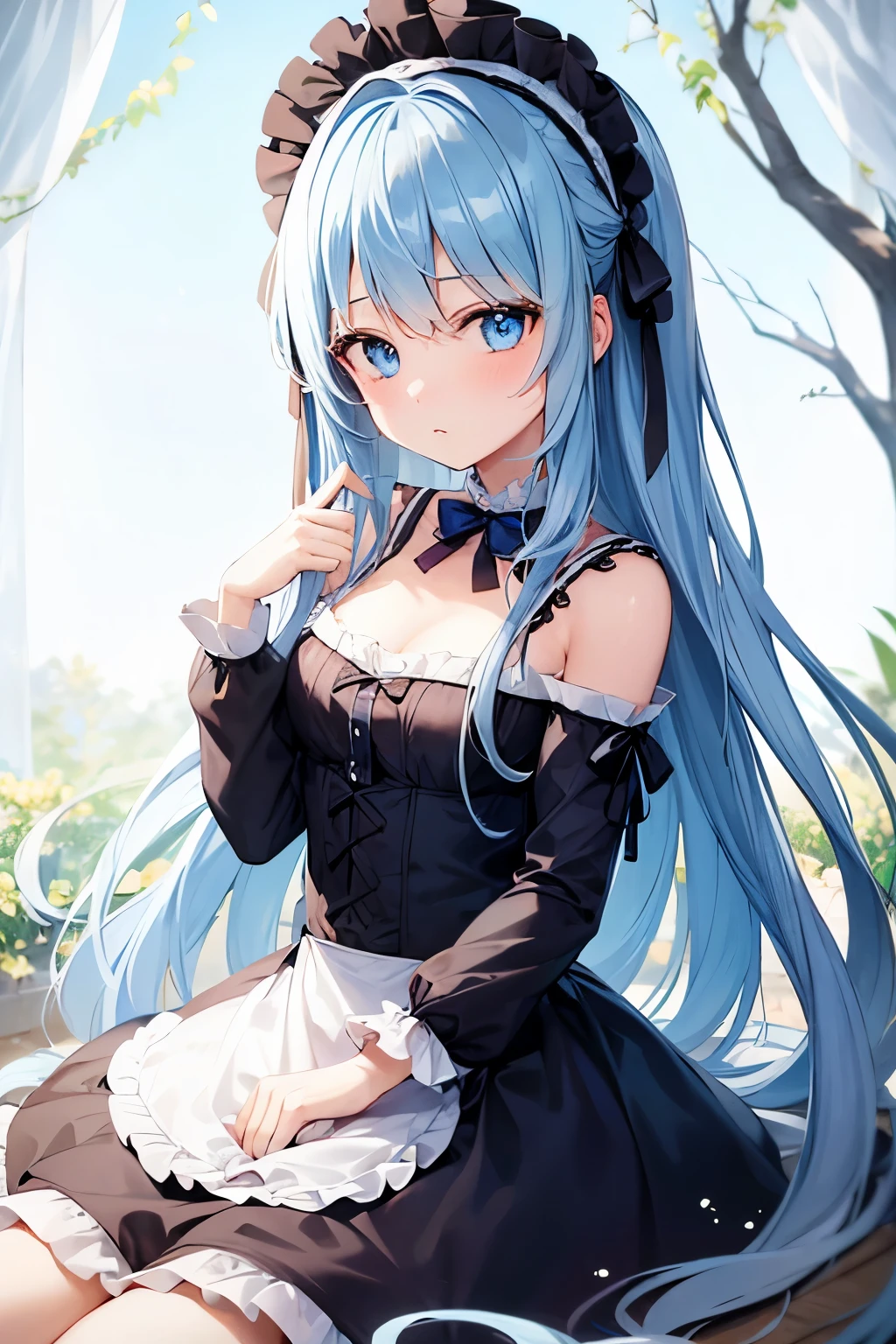 Anime girl with blue hair and black dress sitting on a bench - SeaArt AI