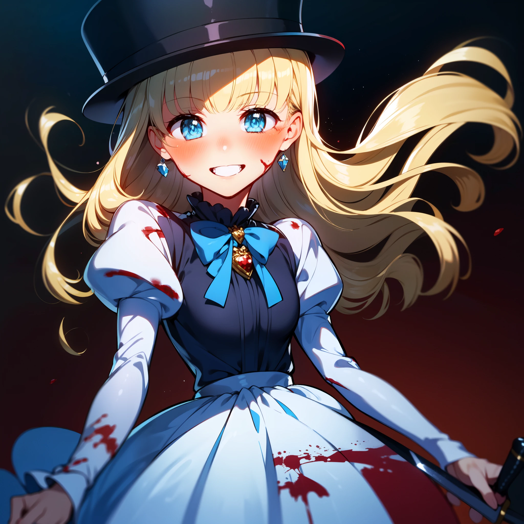 (1girl, solo), blonde hair, side ponytail, (blue eyes:1.5), long hair, (small breast:1.2), (hair ribbon, juliet sleeves, long sleeves, puffy sleeves, blood stained white dress:1.5, frills, top hat, black top hat, hat, hat flower,) looking at viewer, crazy smile, blush, blood, blood on arm, blood on face, blood on clothes, blood on hands, holding knife, knife, indoorasterpiece:1.2), best quality, high resolution, unity 8k wallpaper, (illustration:1.5), anime style, (beautiful detailed eyes:1.6), extremely detailed face, perfect lighting, extremely detailed CG, (perfect hands, perfect anatomy), (dynamic pose, dynamic angle:1.1), nadja, red heart brooch, jewelry, serial killer, slasher,