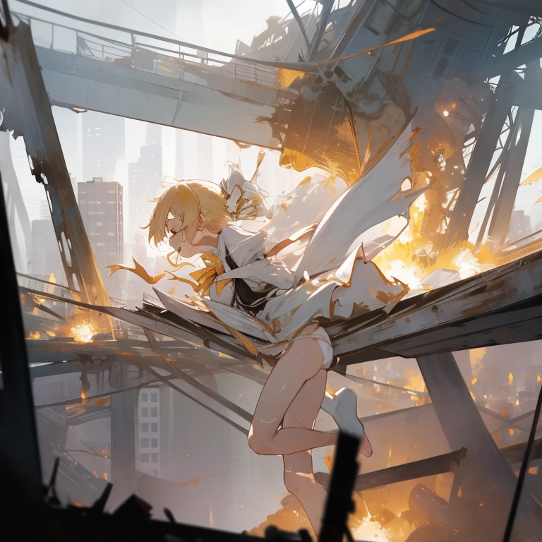 1 girl, mami tomoe, masterpiece, best quality, highres, big breast, pain, screaming, closed eyes, (torn clothes, white panties:1.2), tearing up, scenery, city background, wreck, explosion, from side