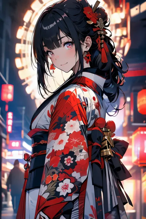 (masutepiece), (best quality), very detailed, 1 girl, solo focus，perfect face, pretty face, very detailed顔，(A dark-haired:1.3)，(red eyes:1.3)，Light，smile，New Year，(kimono:1.4)，Japan