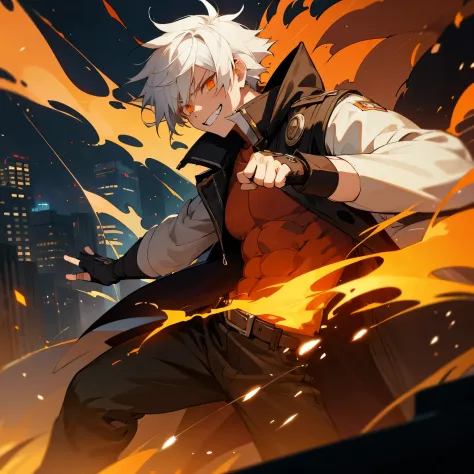 1boy, white hair, coat, fingerless gloves, belt, city, morning, fire, destruction, grin, orange eyes, angry eyes, looking ahead,...