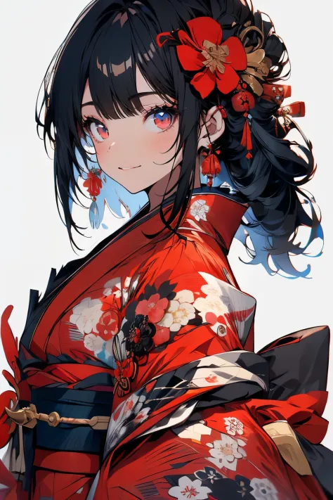 (muste piece), (best quality), very detailed, 1 girl, solo focus，perfect face, pretty face, very detailed顔，(A dark-haired:1.3)，(red eyes:1.3)，Light，smile，New Year，(kimono:1.4)，shrines