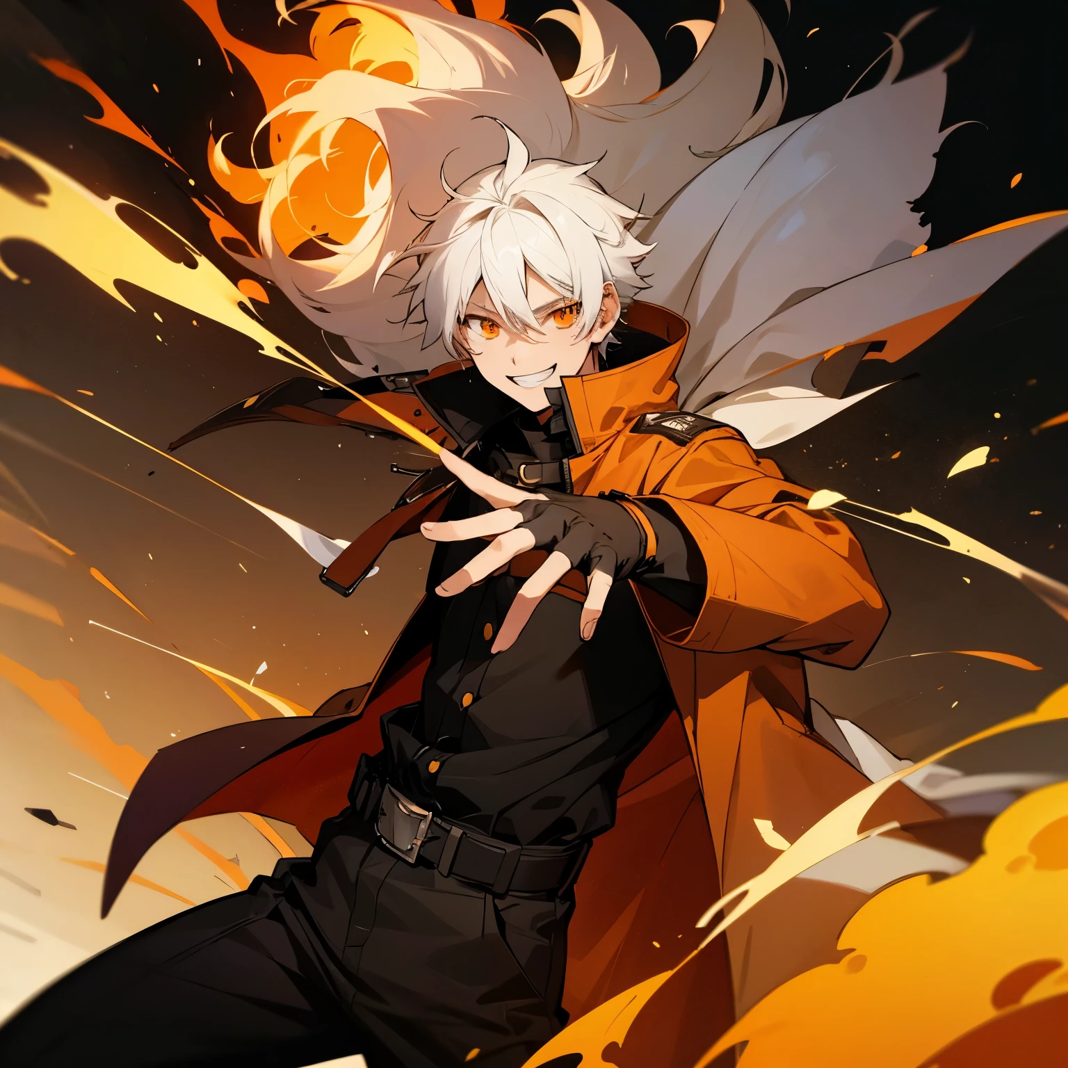 1boy, white hair, coat, fingerless gloves, belt, fire, grin, orange eyes, movie composition, fighting pose, explosions