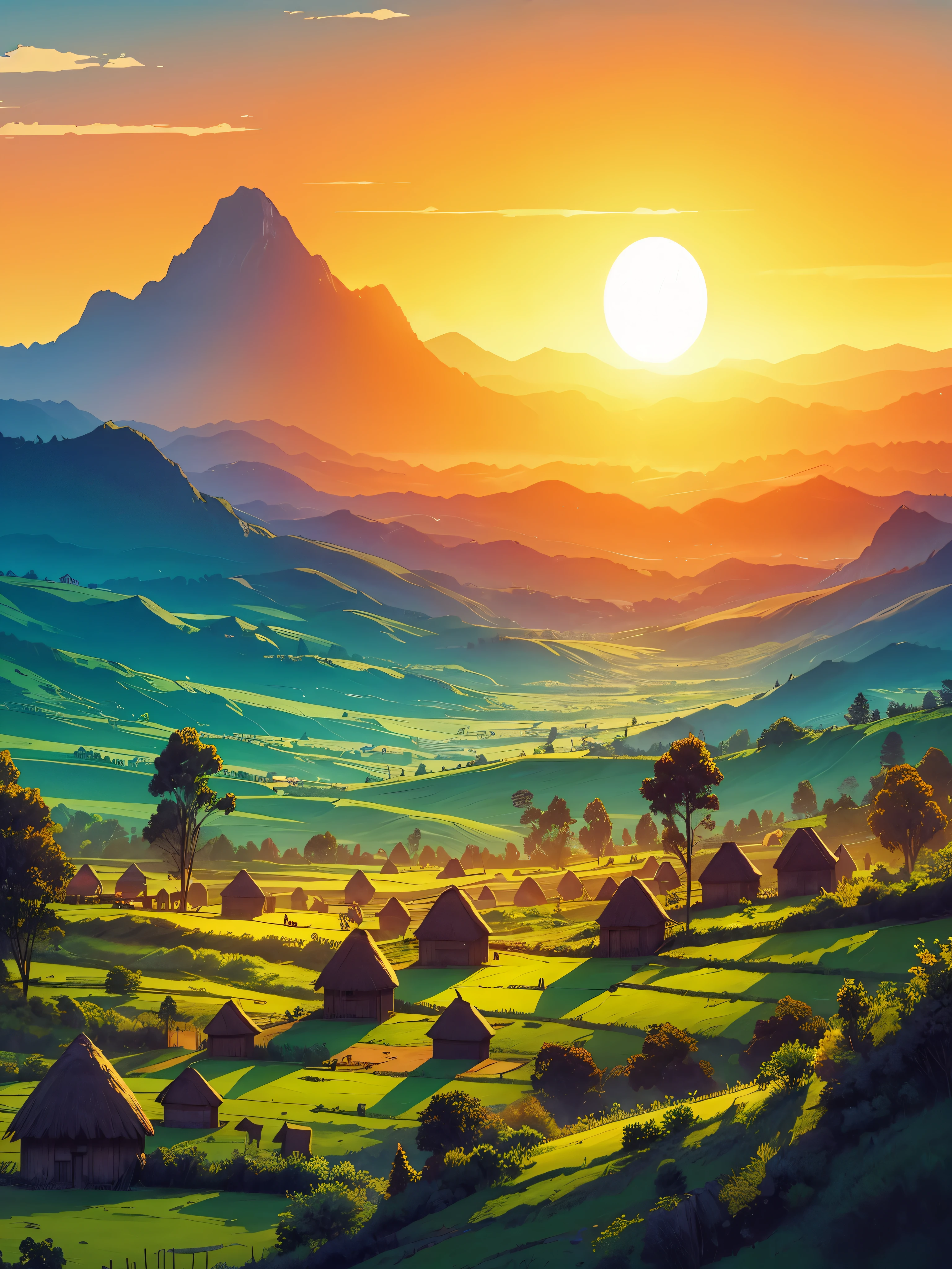 Draw a digital anime aerial simple art scene of Ethiopian sunset, a vast landscape unfolds, blending lush green fields with majestic mountains. Traditional huts dot the scene, as the fading sun bathes the panorama in warm hues, no humans and cattle, vibrant color tones