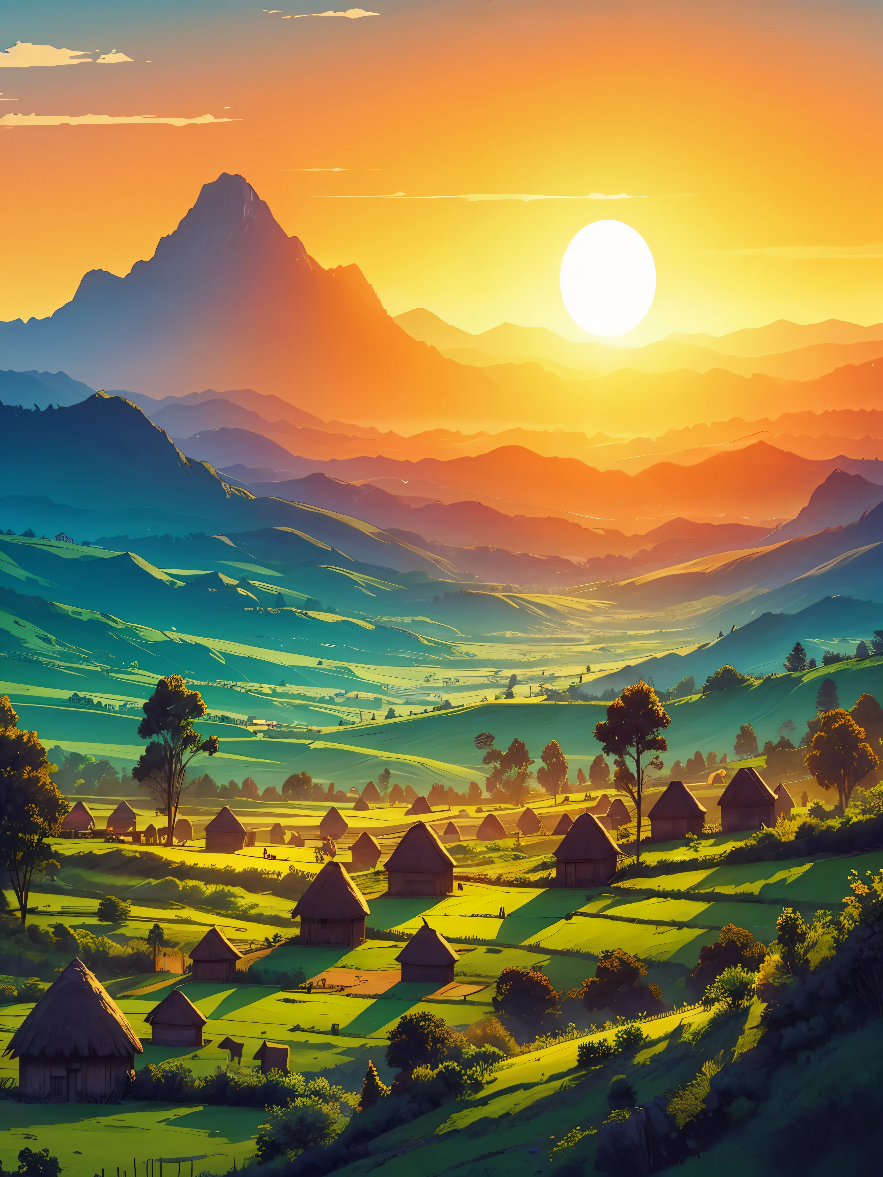 Desenhe uma cena de arte aérea simples de anime digital do pôr do sol etíope, uma vasta paisagem se desenrola, misturando campos verdes exuberantes com montanhas majestosas. Cabanas tradicionais pontilham o cenário, enquanto o sol poente banha o panorama em tons quentes, sem humanos e gado, tons de cores vibrantes