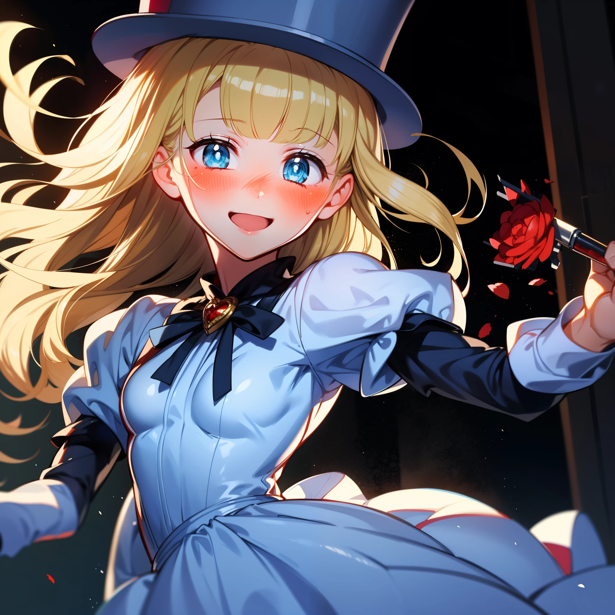 (1girl, solo), blonde hair, side ponytail, (blue eyes:1.5), long hair, (small breast:1.2), (hair ribbon, juliet sleeves, long sleeves, puffy sleeves, blood stained white dress:1.5, frills, top hat, black top hat, hat, hat flower,) looking at viewer, crazy smile, blush, blood, blood on arm, blood on face, blood on clothes, blood on hands, holding knife, knife, indoorasterpiece:1.2), best quality, high resolution, unity 8k wallpaper, (illustration:1.5), anime style, (beautiful detailed eyes:1.6), extremely detailed face, perfect lighting, extremely detailed CG, (perfect hands, perfect anatomy), (dynamic pose, dynamic angle:1.1), nadja, red heart brooch, jewelry, serial killer, slasher,