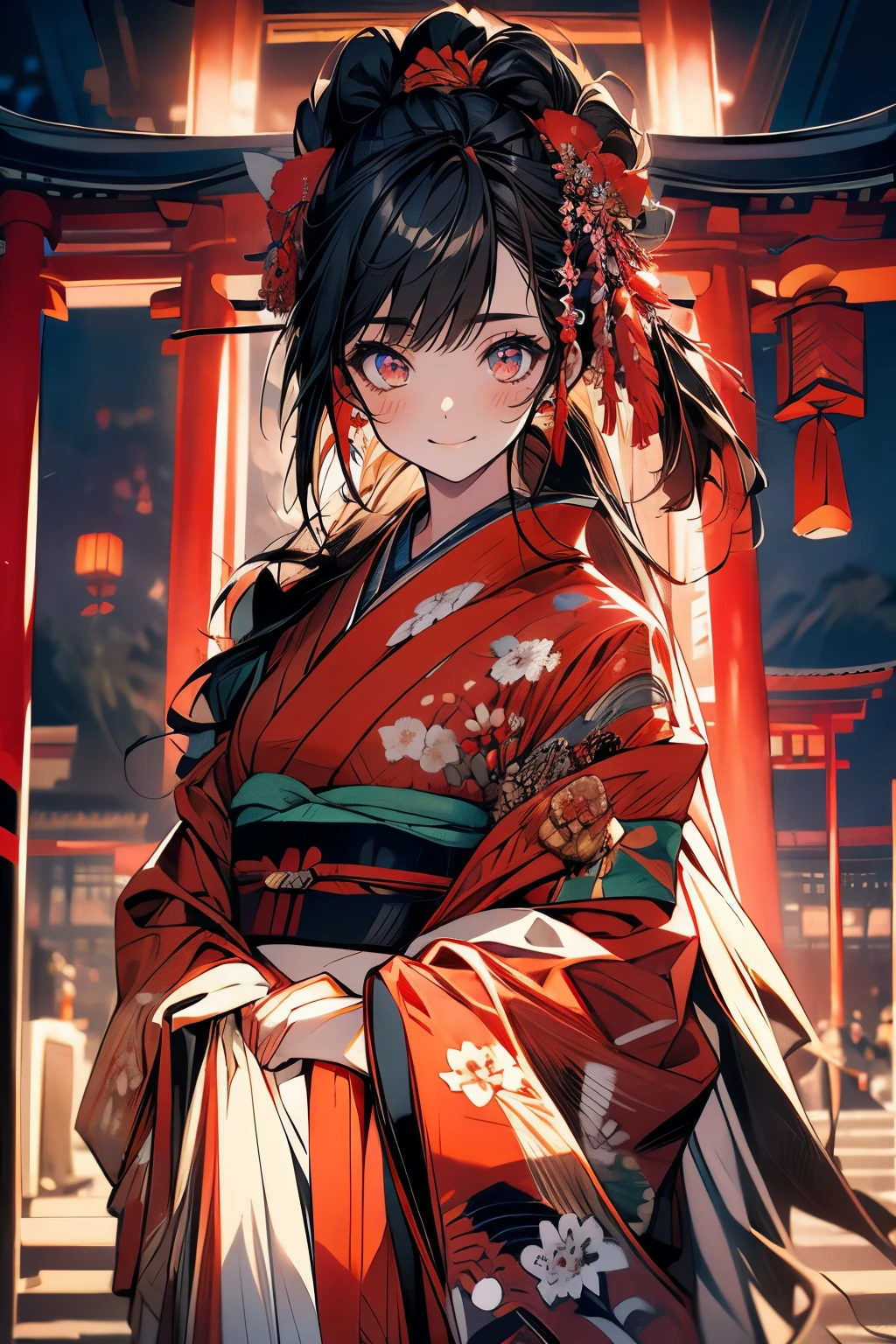 (muste piece), (best quality), very detailed, 1 girl, solo focus，perfect face, pretty face, very detailed顔，(A dark-haired:1.3)，(red eyes:1.3)，Light，smile，New Year，(kimono:1.4)，shrines