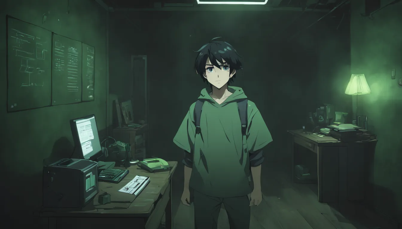 create an anime boy, with black hair, looking kinda weird, in his bedroom, in a dystopian dark environment. The room had a desk ...
