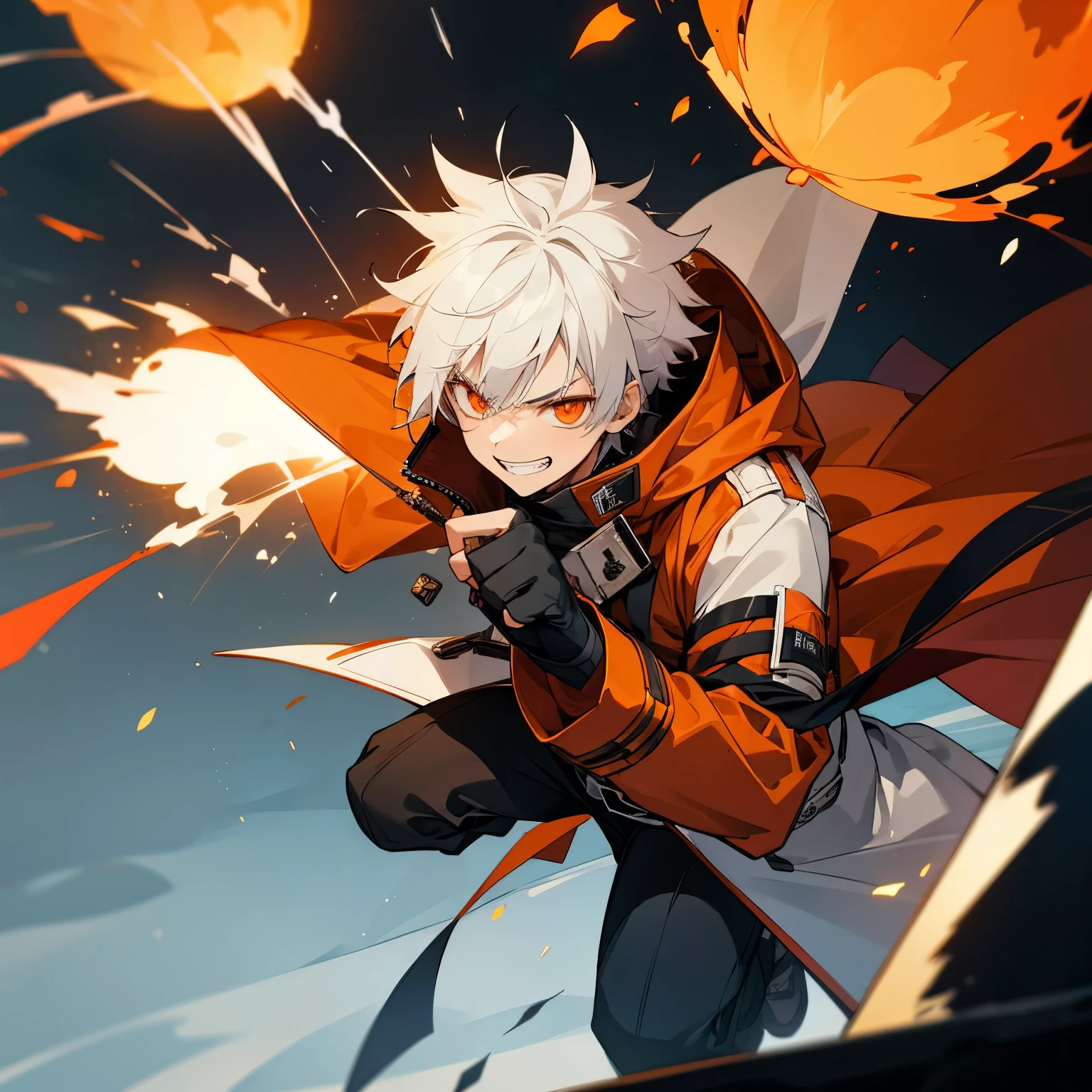 1boy, white hair, coat, fingerless gloves, belt, fire, grin, orange eyes, fighting pose, explosions, angry