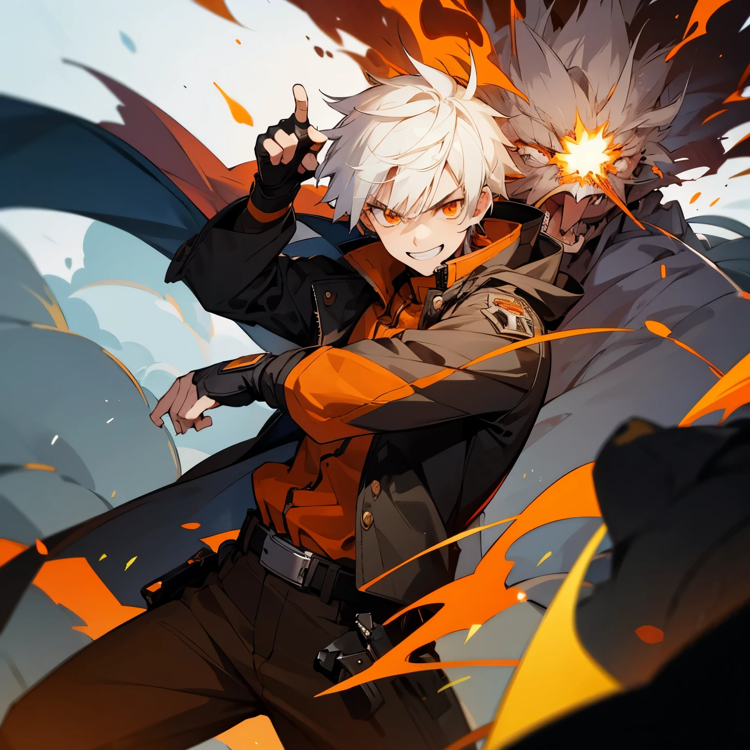 1boy, white hair, coat, fingerless gloves, belt, fire, grin, orange eyes, fighting pose, explosions, angry