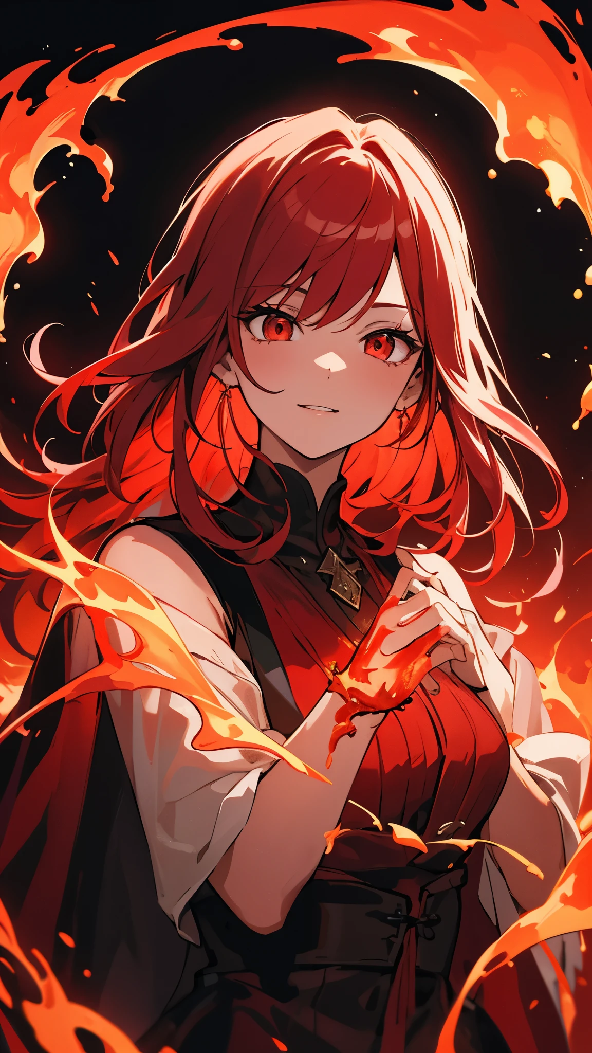 [[[ultra-detailed, best quality, soft skin, beautiful, 4K]]] portrait, red hair, crimson hair, medium hair, medieval long dress, walking, fire mage, fire dress, casting a fire spell, dress made of fire, blood-red eyes, sinister, snicker, burned hands, sorceress, black background