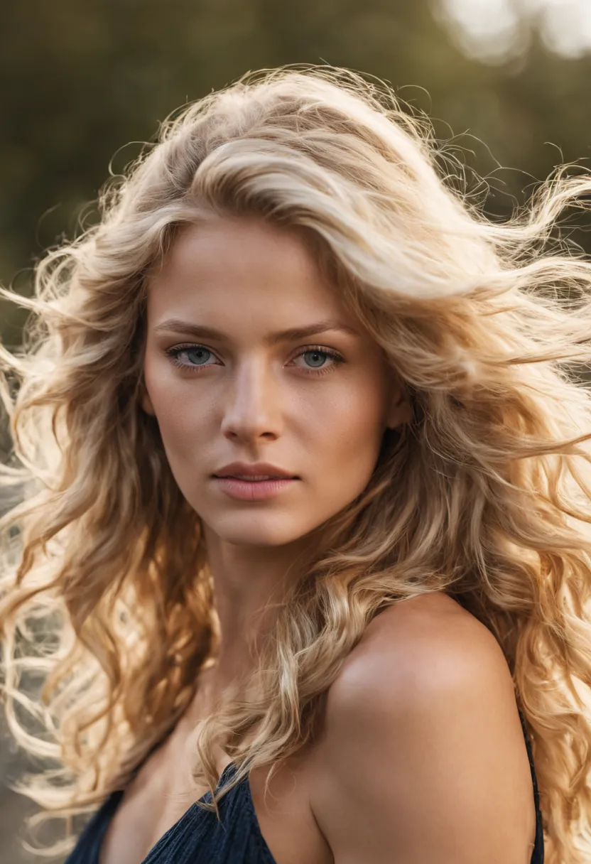 3/4 face portrait photo of a beautiful 25 years old caucasian woman, (extra long wavy blonde hair blown in the wind), outside, a...