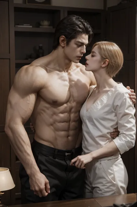 1 boy, 1B girl, indoors of, kiss, Closed eyes, nakeness, muscle, soft light, best quality。丈夫なmuscle, （（The tall figure of a man））, with panoramic view, muste piece，concept art by Eugeniusz Zak, cg society contest winner, Fantasy Art, Romance Novel Cover, m...