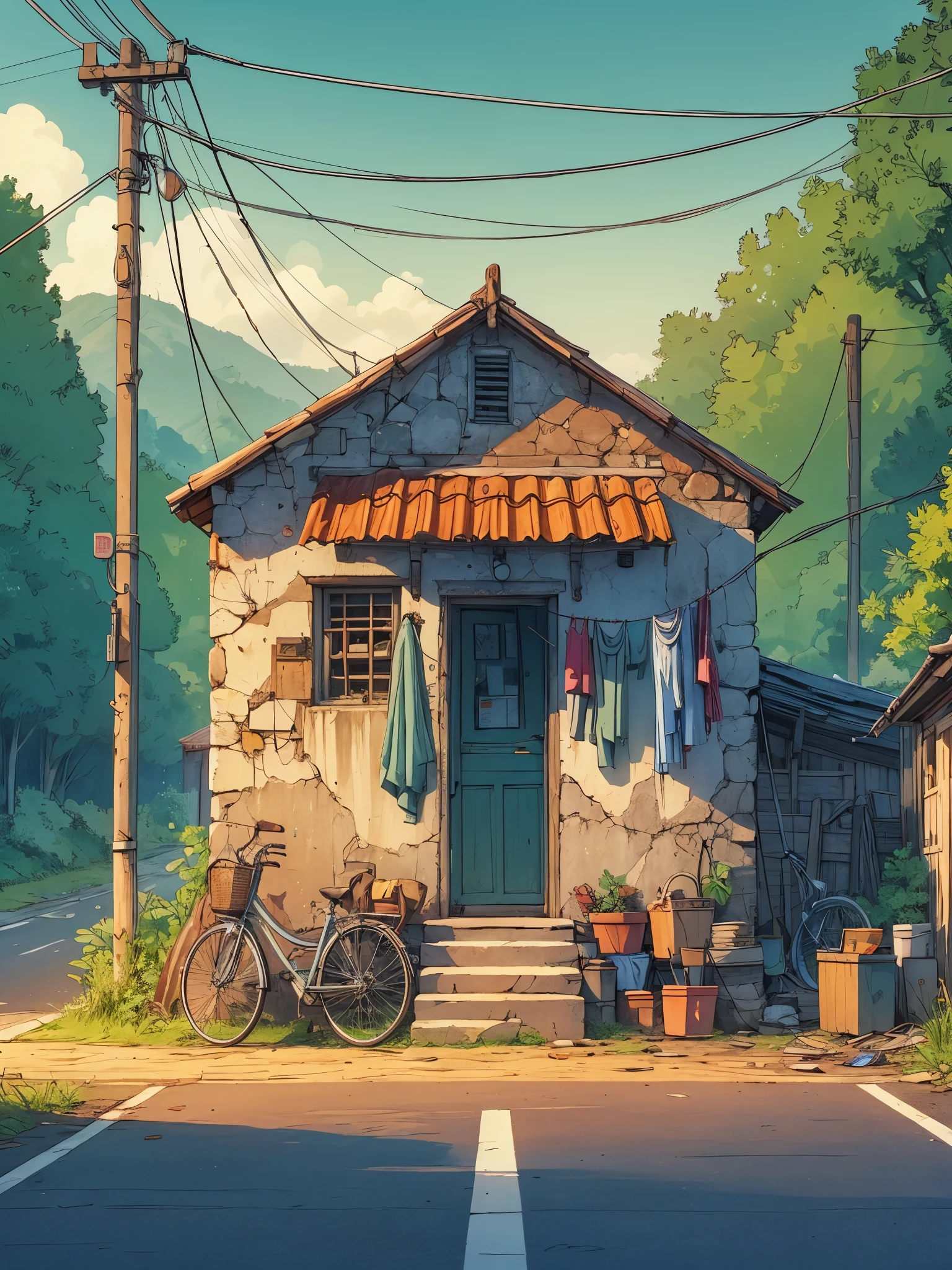 Draw an anime simple art scene of an old indian stone hut at the end of road in village, cracked walls, wires, bicycle parked outside, clothes drying on wire outside, faded paint, late evening, broken door, forest around, single light bulb hanging outside, no human, vibrant color tones, dim light