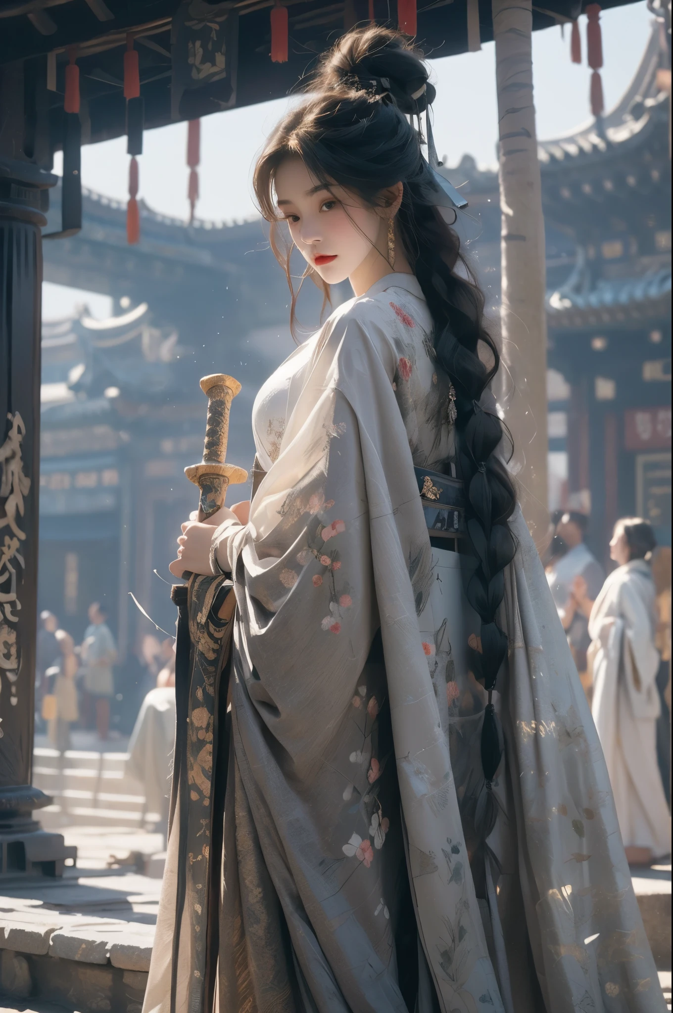 Best Quality, Masterpiece, Ultra High Resolution, (Realisticity:1.4), Original Photo, Cinematic Lighting, 1 girl, 20-year-old, solo, stand up straight to reveal your long thighs, medium breasts, (Girl holding a sword: 1.2), (Hanfu), (white clothes), black hair, bun, (tired up short braids), fair skin,  full body, midjourney portrait, ancient east Asia architecture, china dress,  ross-draws, global illumination, radiant light, detailed and intricate environment