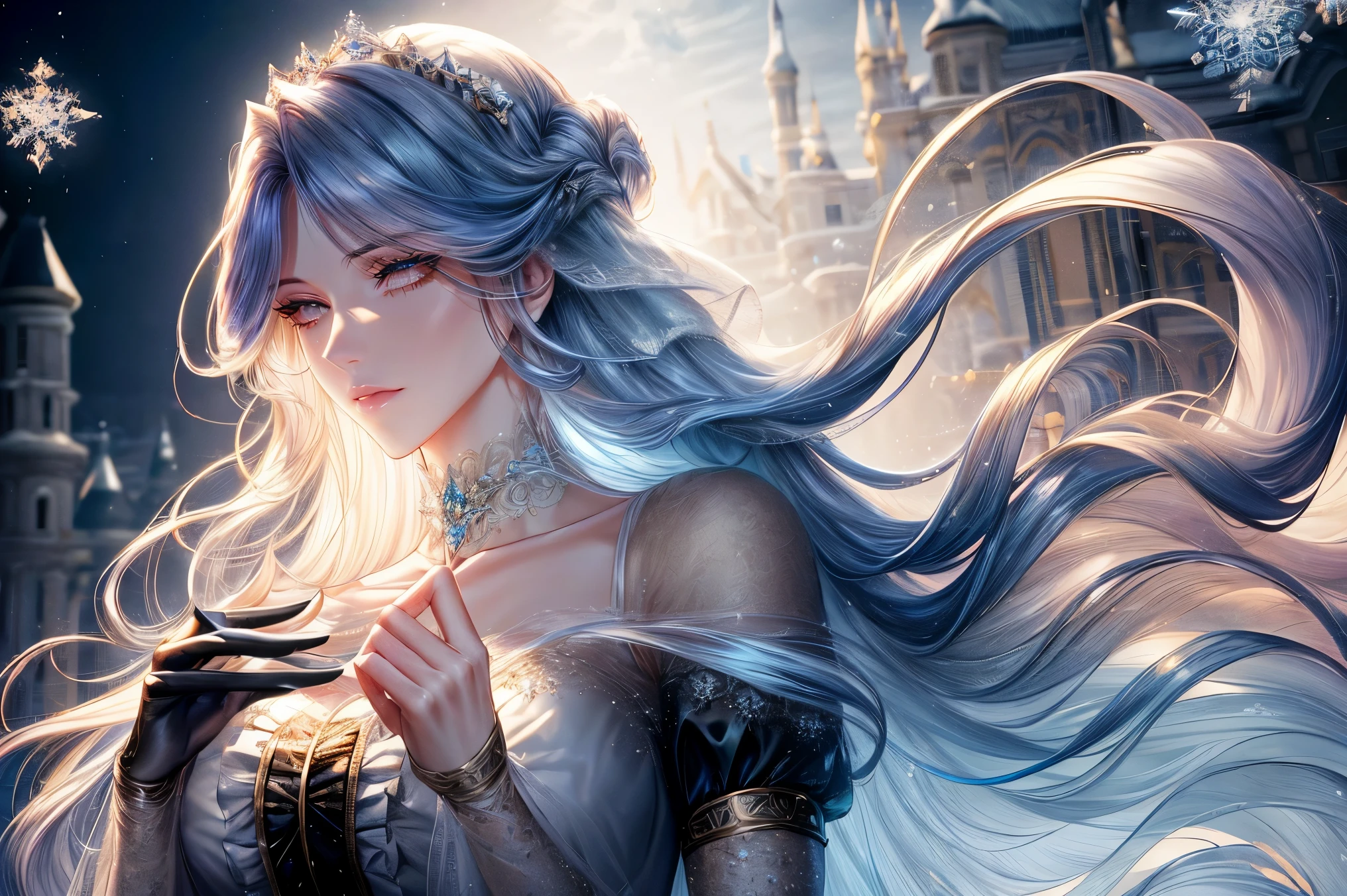 shoujo-style, frostedstyle, (romance manhwa), 1girl, cyan hair, solo, long hair, frozen, ice, crystalline, dress, tiara, white dress, gloves, long sleeves, choker, blue eyes, mascara, makeup, elbow gloves, bow, floating hair, bra, jewelry, looking at viewer, collarbone, puffy sleeves, golden accessories, upper body, parted bangs, very long hair, black dress, frills, bangs, closed mouth, outdoors, detailed eyes, dynamic cut,