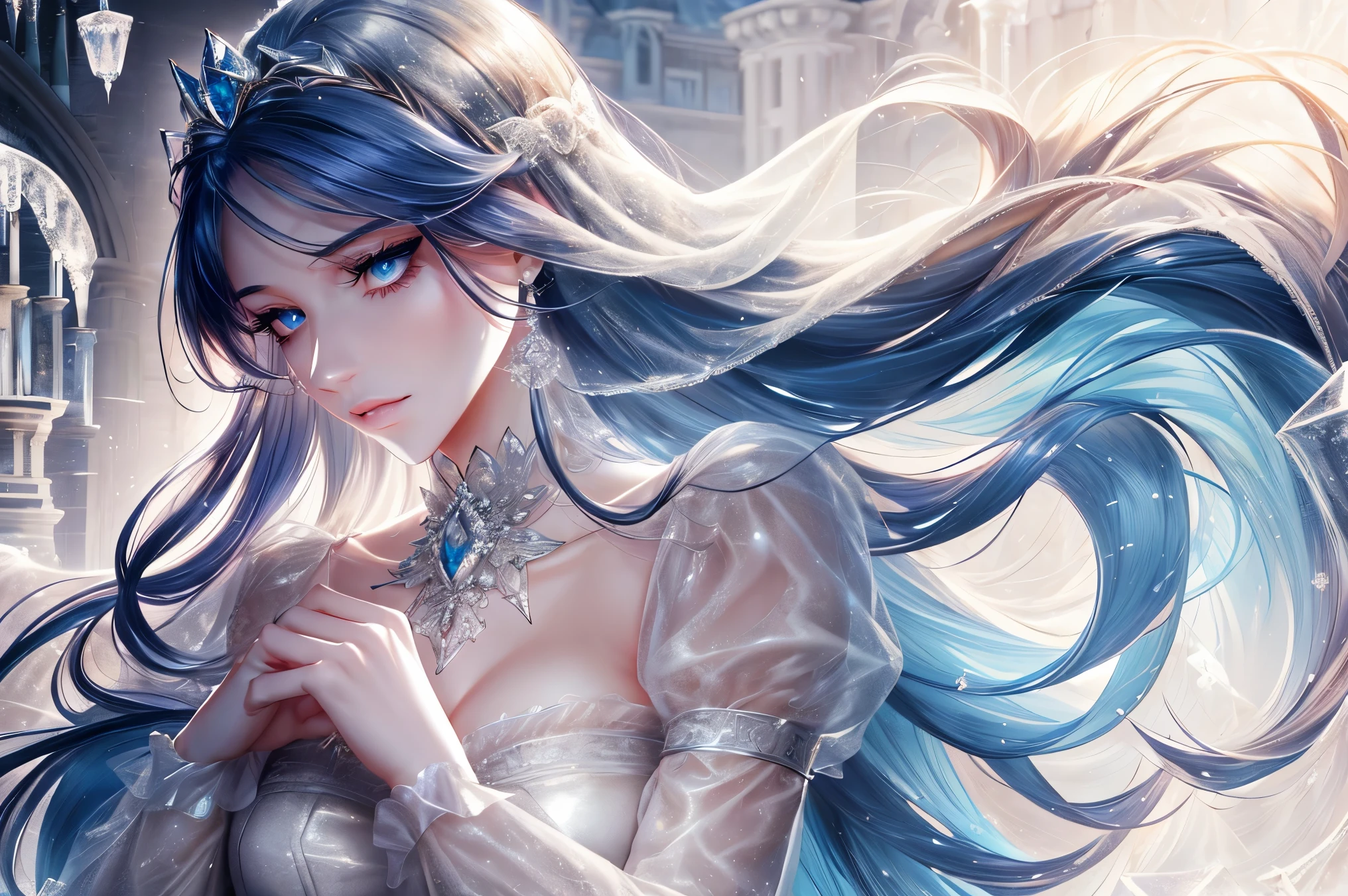 shoujo-style, frostedstyle, (romance manhwa), 1girl, cyan hair, solo, long hair, frozen, ice, crystalline, dress, tiara, white dress, gloves, long sleeves, choker, blue eyes, mascara, makeup, elbow gloves, bow, floating hair, bra, jewelry, looking at viewer, collarbone, puffy sleeves, golden accessories, upper body, parted bangs, very long hair, black dress, frills, bangs, closed mouth, outdoors, detailed eyes, dynamic cut,