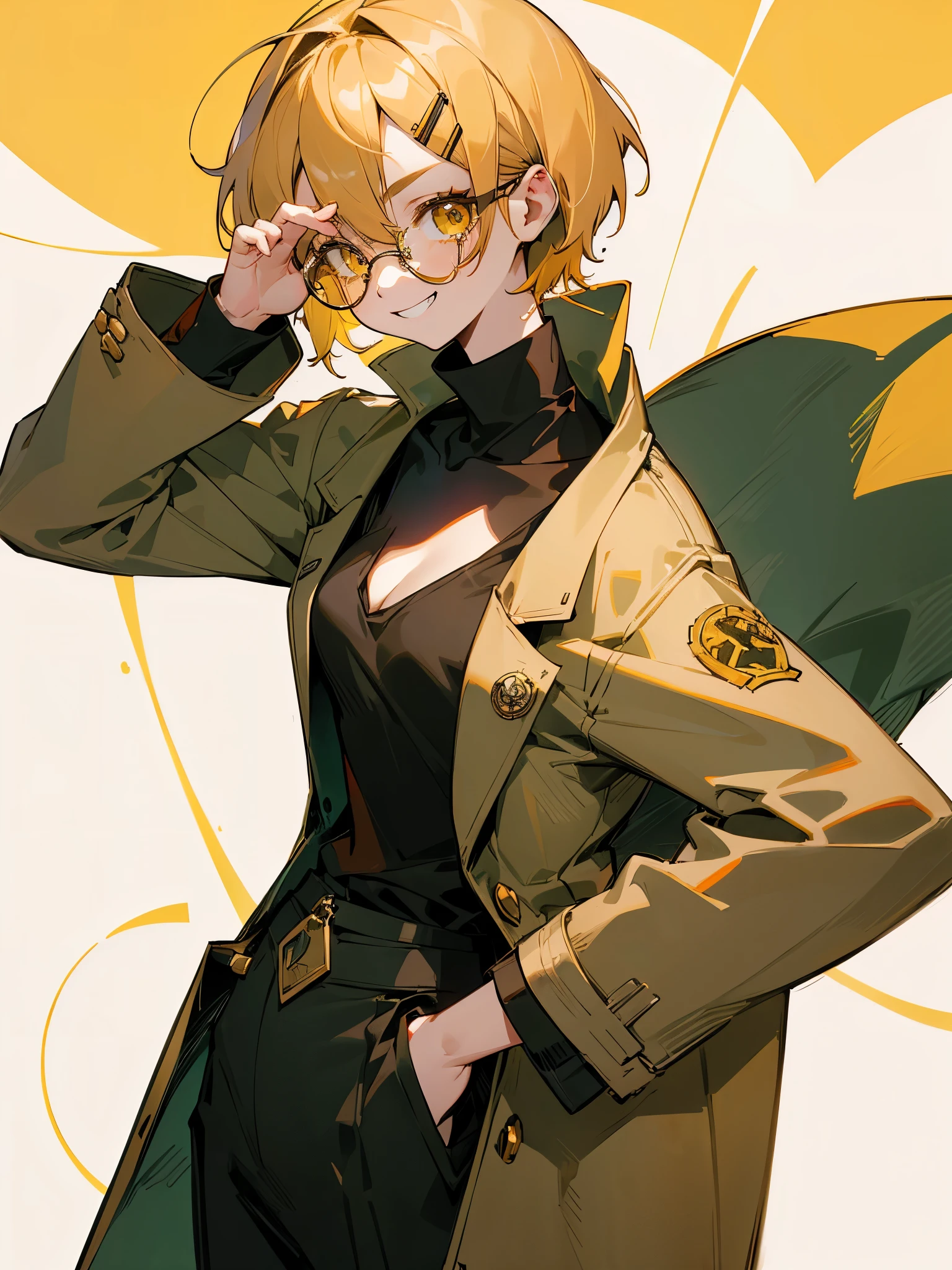 1girl, (solo:1.2), (masterpiece, finely detailed yellow eyes: 1.2), ((best quality)), ((masterpiece)), anime, young girl, small chest, childish body, (office suit), (brown turtleneck sweater), (dark green open coat with long sleeves), oversized pants, dark green pants, deep blue tie, (short hair, golden blonde hair, messy haircut, hair between eyes, hairclips on left side) ((wearing large circle glasses)), (collarbone), (smug smirk),