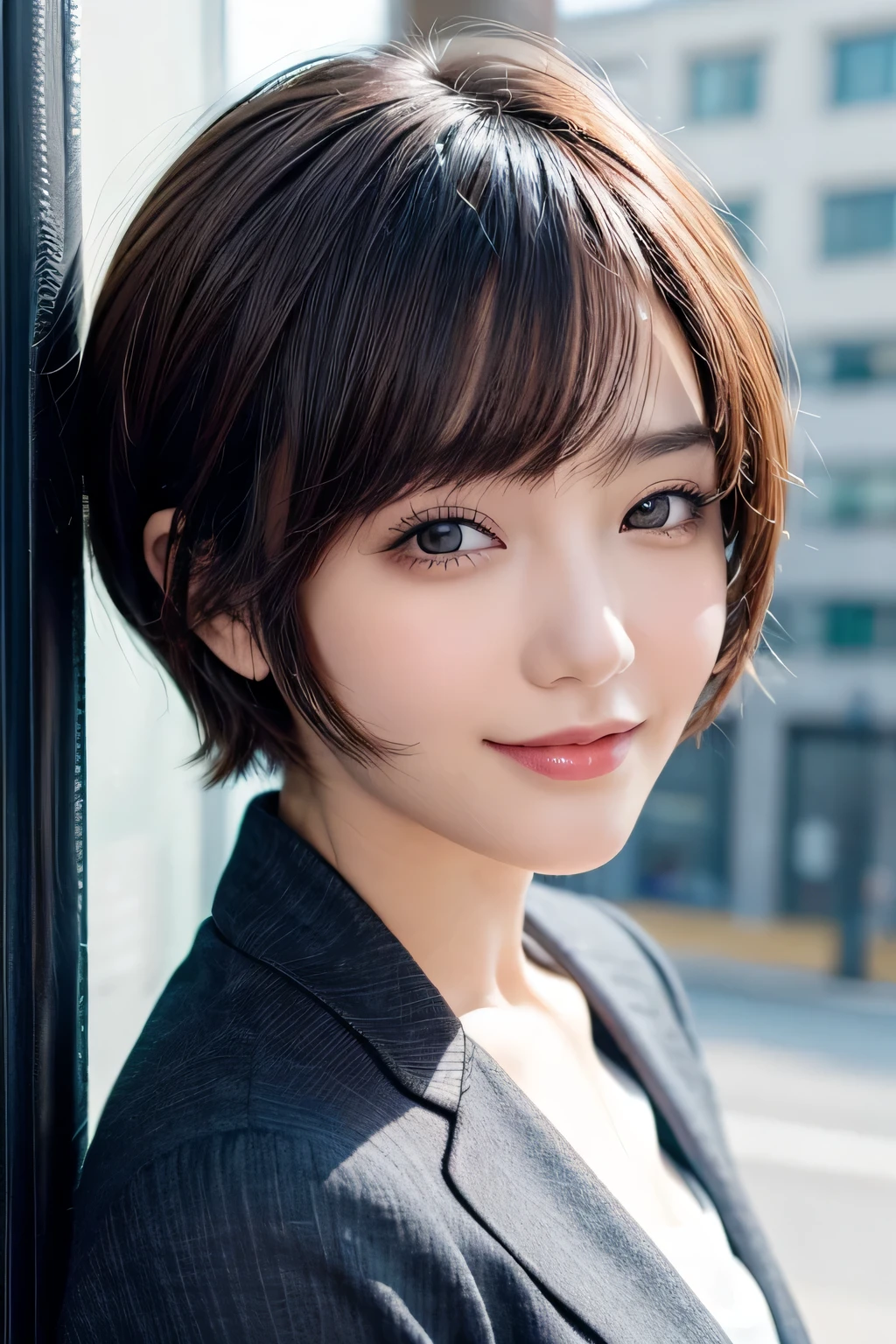 Frontal close-up of calm and wise short-haired young beauty in professional dress smiling and gazing at you. Simple office in the background.

