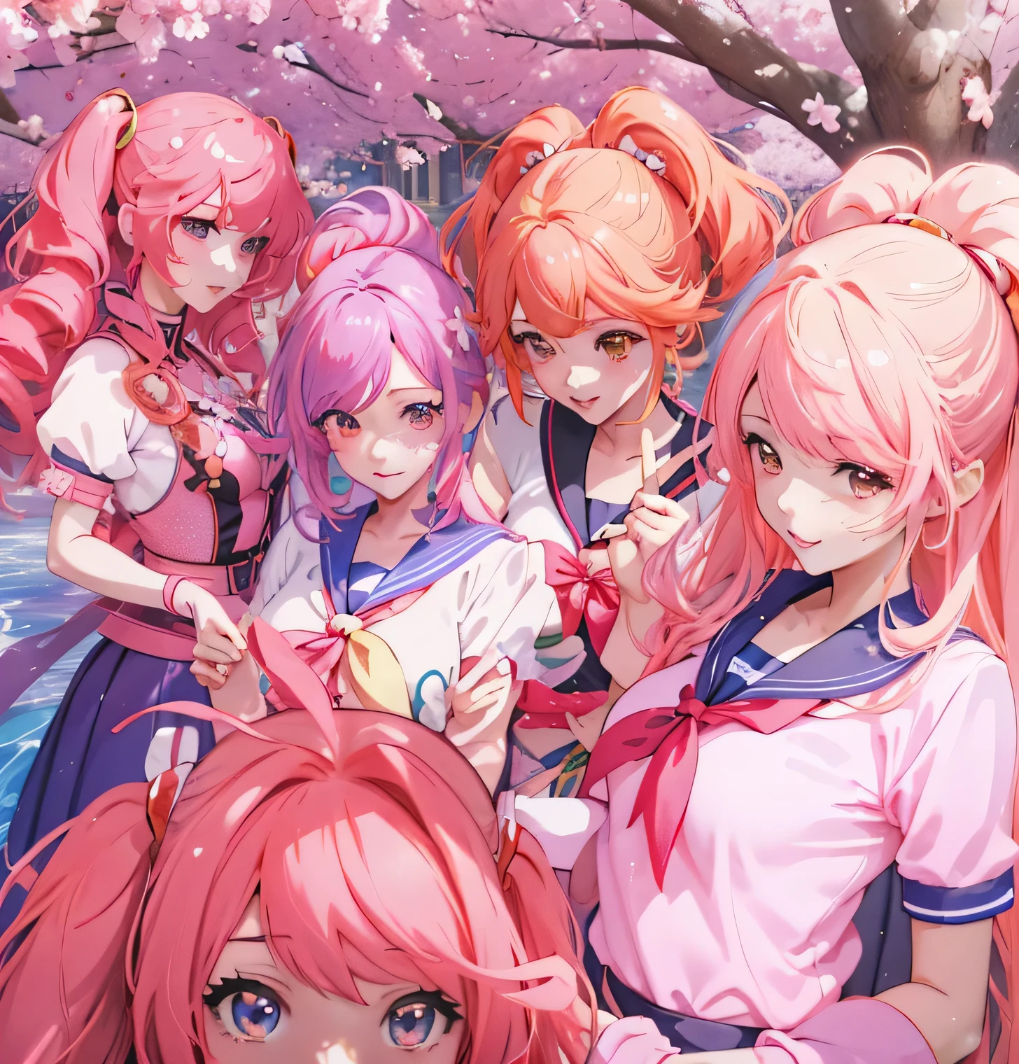 Anime characters pose for a photo in front of a cherry tree, official Fan Art, dlc, Offizielle Kunstwork, im Kunststil des Anime der 80er Jahre, Makro-Delta splash art, Makro-Delta, ig Studios Anime-Stil, Offizielle Kunst, kawaii HQ-Rendering, Jahreszeiten!! : 🌸 ☀ 🍂 ❄, im Anime-Stil, Fan Art, Magical Girl Anime Mahou Shojo, yandere Simulator-Mobber