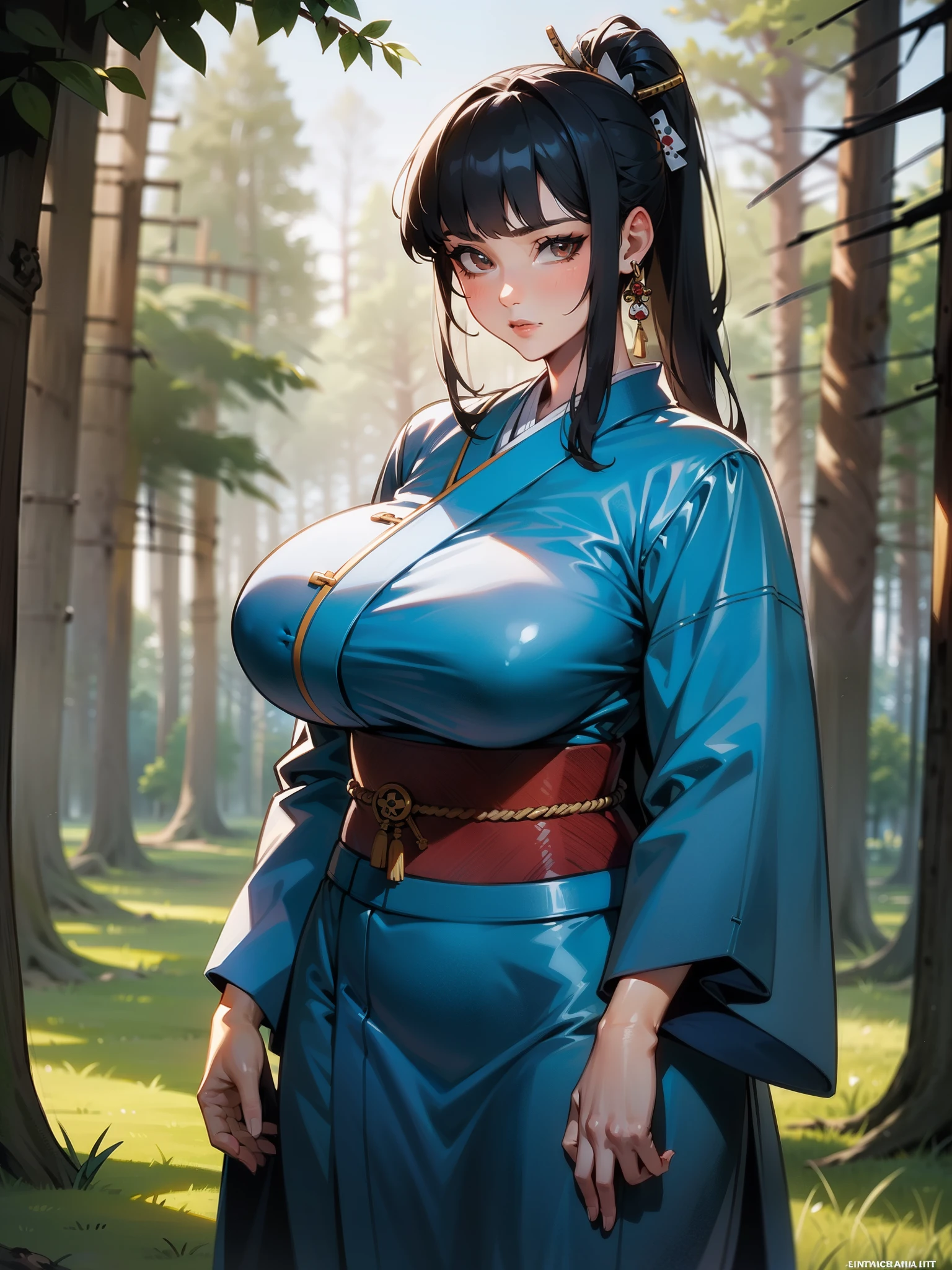 {{{masterpiece}}}, {{{best quality}}}, {{ultra-detailed}}, {cinematic lighting}, {illustration}, {beautifuly detailed eyes}, {1girl}, extremely detailed, 1girl, solo,  A beautiful samurai warrior, blue hair in a long ponytail, wearing white and black kimono, warrior, serious, brown eyes, huge breasts, hourglass figure, facing viewer, outdoors, woodland background, highly detailed face and clothing, slightly narrow eyes, perfect face, fair skin, hair bangs, long hair, cowboy shot, noble beautiful, traditional Japanese clothing, samurai woman
