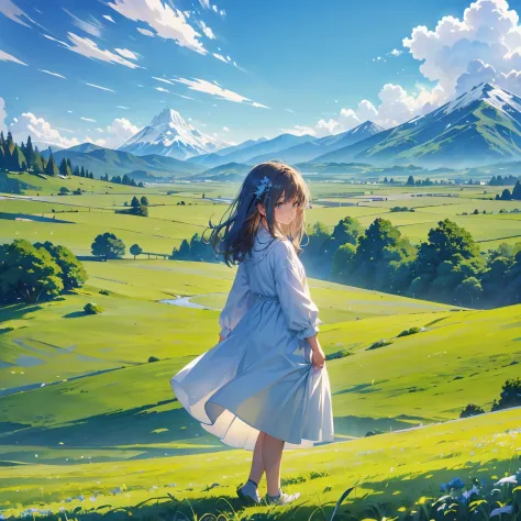 A girl standing in a meadow、girl in white dress、sky high and blue、clear sky、I can see mountains in the distance、far away、