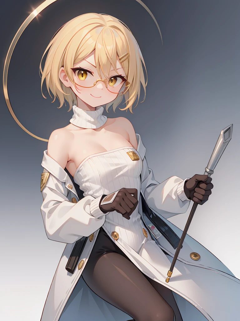 1girl, (solo:1.2), (masterpiece, sidelighting, finely detailed plain yellow eyes: 1.2), ((best quality)), ((masterpiece)), (highly detailed:1.3), anime, young girl, small chest, childish body, ((brown turtleneck sweater)), (white open coat with long sleeves), oversized pants, grey pants, (short hair, golden blonde hair, messy haircut, hair between eyes, hairclips on left side) ((wearing large circle glasses)), ((masterpiece)), (shadow), [slim], ((sharp foculurry background), finger gloves, (collarbone), (smug smirk),