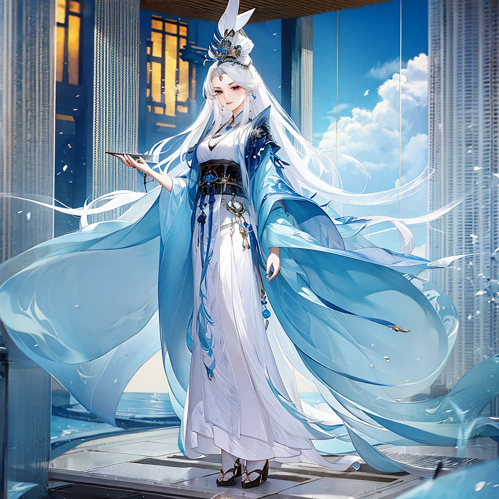 best quality，masterpiece，Highly detailed wallpapers，1 beauty，beautiful eyes，Character standing painting，long white hair，Imperial temperament，asian architecture palace，Gorgeous hair accessorielue clothes，white hair，looking at the audience，Hanfed pillar，ink style，