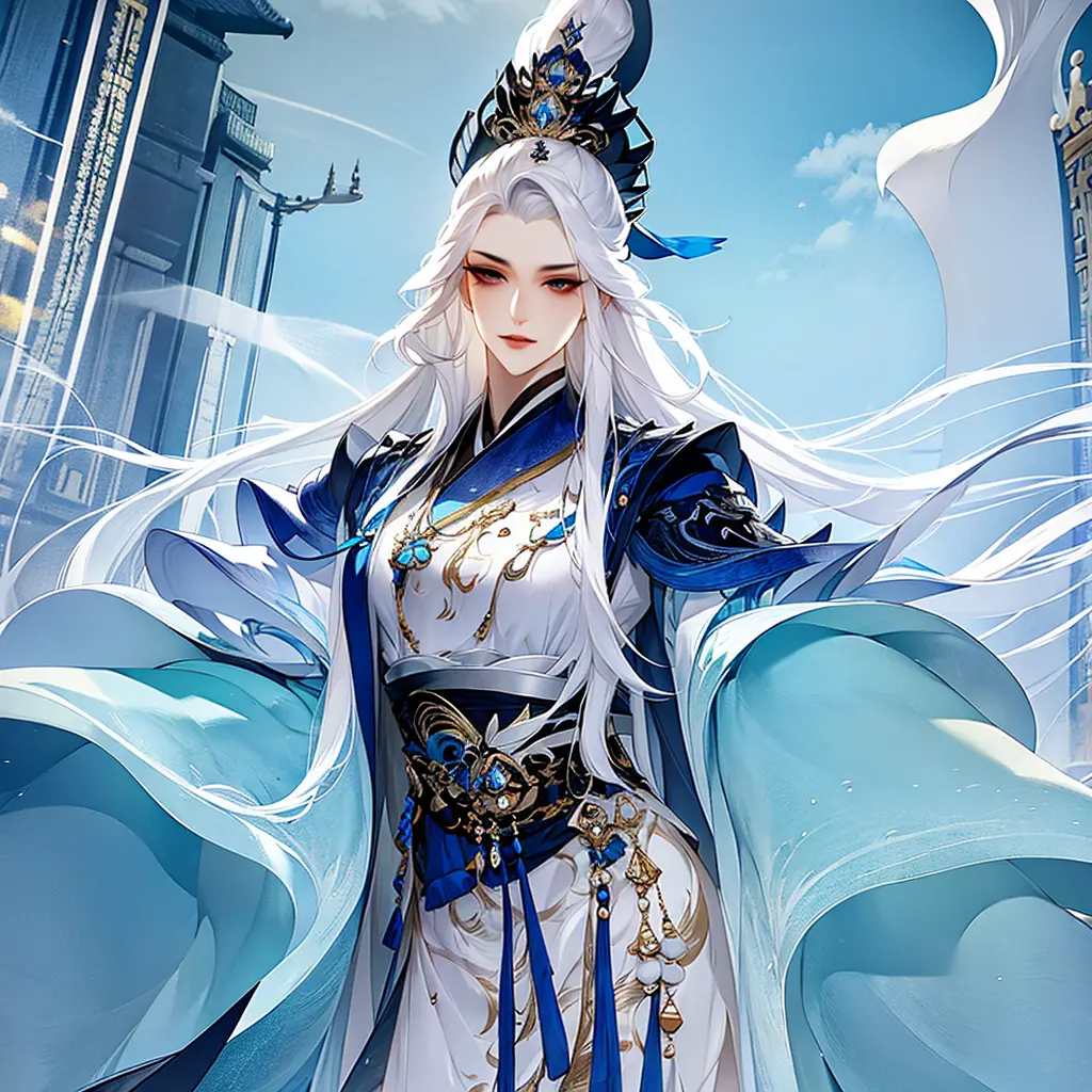 best quality，masterpiece，Highly detailed wallpapers，1 beauty，beautiful eyes，Character standing painting，long white hair，Imperial...