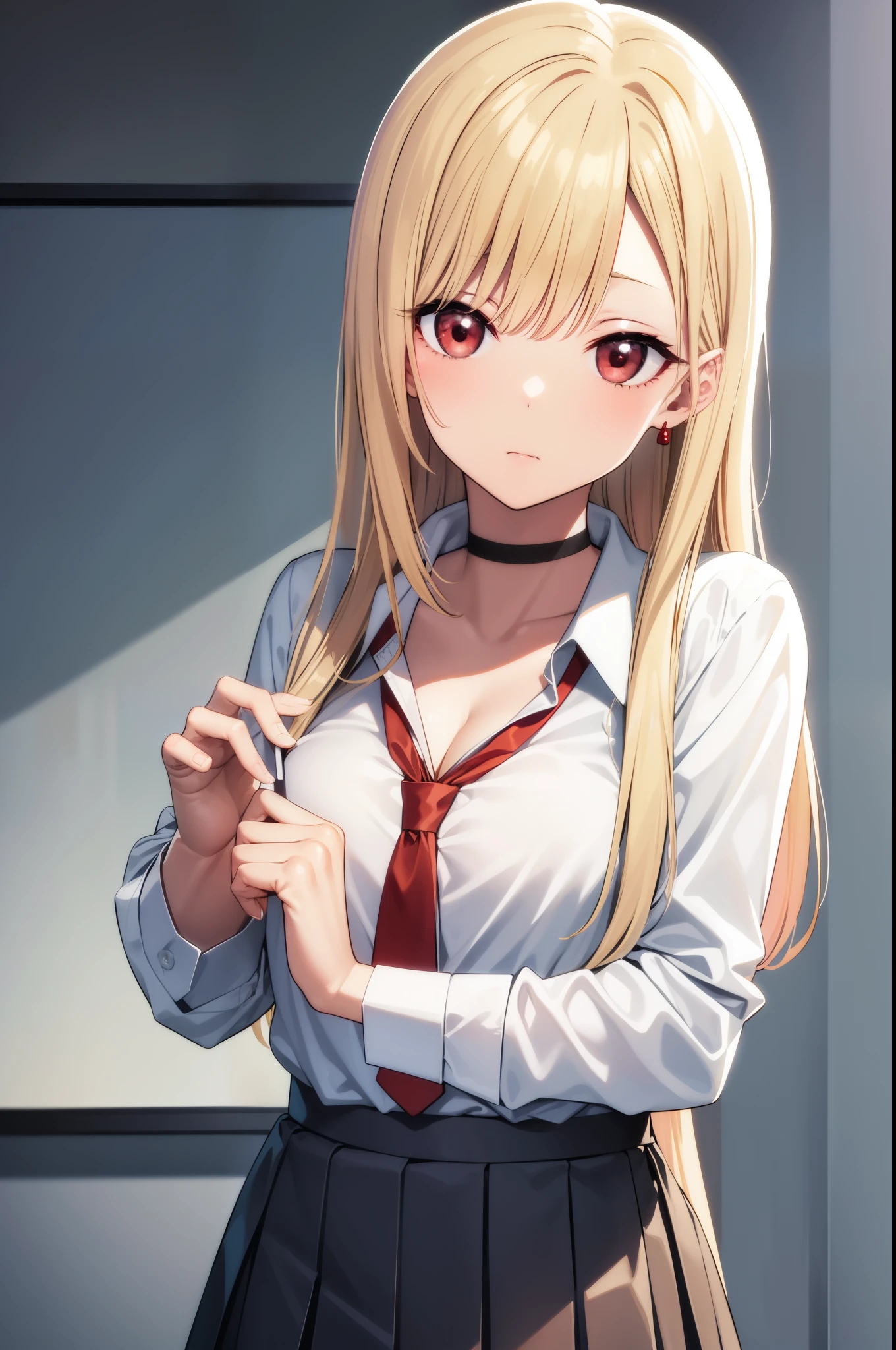 marinkitagawa, marin kitagawa, blonde hair, choker, ear piercing, earrings, long hair, piercing, (red eyes:1.5), straight hair, swept bangs,
BREAK black necktie, long sleeves, pleated skirt, school uniform, shirt, skirt, sleeves rolled up, white shirt, cleavage,
BREAK indoors, classroom,
BREAK looking at viewer, 
BREAK (masterpiece:1.2), best quality, high resolution, unity 8k wallpaper, (illustration:0.8), (beautiful detailed eyes:1.6), extremely detailed face, perfect lighting, extremely detailed CG, (perfect hands, perfect anatomy),