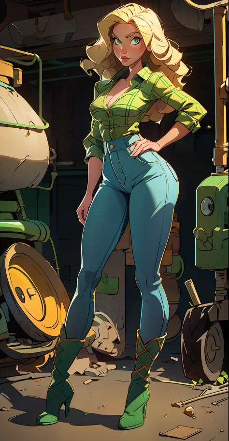 1 woman, Blonde woman, curly hair , green eyes , Sly face , Green plaid shirt , big breasts, cowboy jeans, Long legs ,  stretch ...