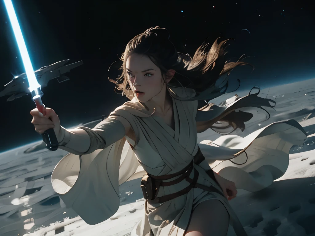 big hips, cute, enface, pale skin, lightsaber, masterpiece, robe , cape, jedi clothes, spaceship, space, star wars, snow, mangabook, portrait,
