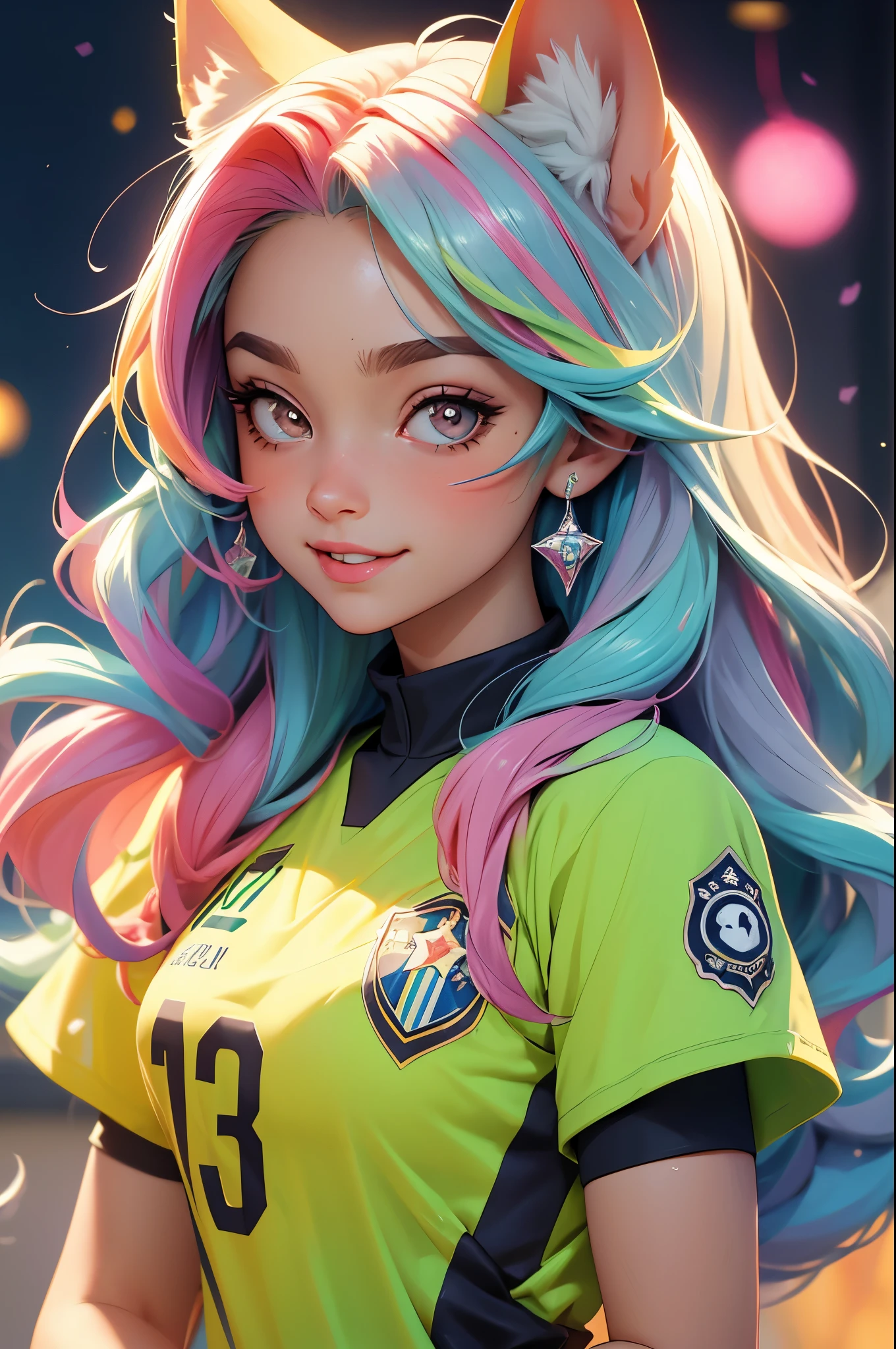 (obra-prima, melhor qualidade: 1.2), anime girl with fox ears, solo, foco feminino, sorriso, olhando para espectador, soccer uniform, campo de futebol, diamante, cabelo multicolorido, olhos multicoloridos