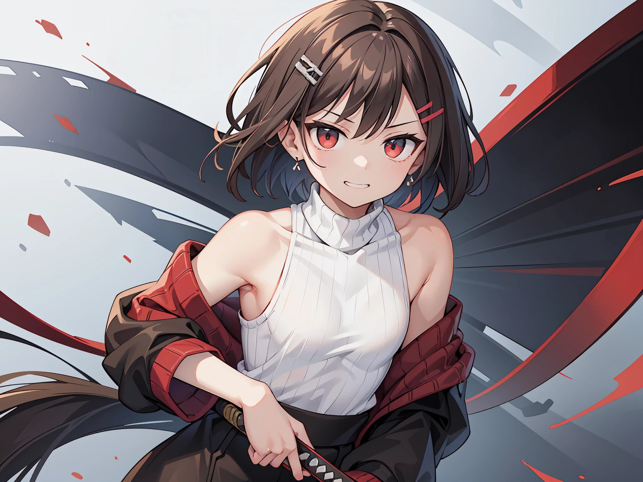 standing in battle stance, (splashes of paint on background), (holding a giant katana in right hand), (masterpiece, sidelighting, finely detailed red eyes: 1.2), ((best quality)), ((masterpiece)), (highly detailed:1.3), anime, young girl, small chest, childish body,  ((turtleneck sweater)), bare shoulders, open coat with long sleeves, oversized pants, black pants, pale skin, (shadowed eyes, darkened eyes), (smirk, mischevious grin, prideful), (short-medium hair, brown hair, messy haircut, hair between eyes, hairclips on left side), earrings, red tatto on left hand, scar on left hip, solo, 1girl,