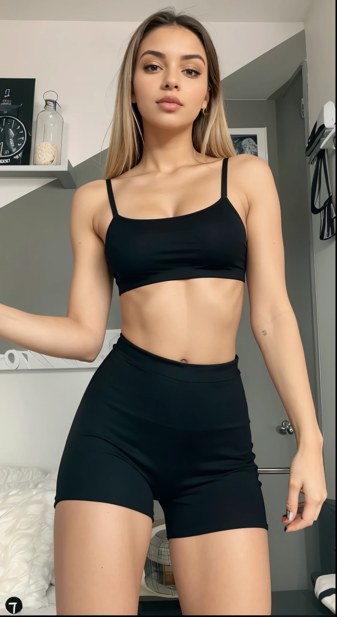 Araffe linda usando um top preto e Leggings tirando uma selfie, foto fit,  usando roupas pretas apertadas, em forma, corpo esguio - SeaArt AI