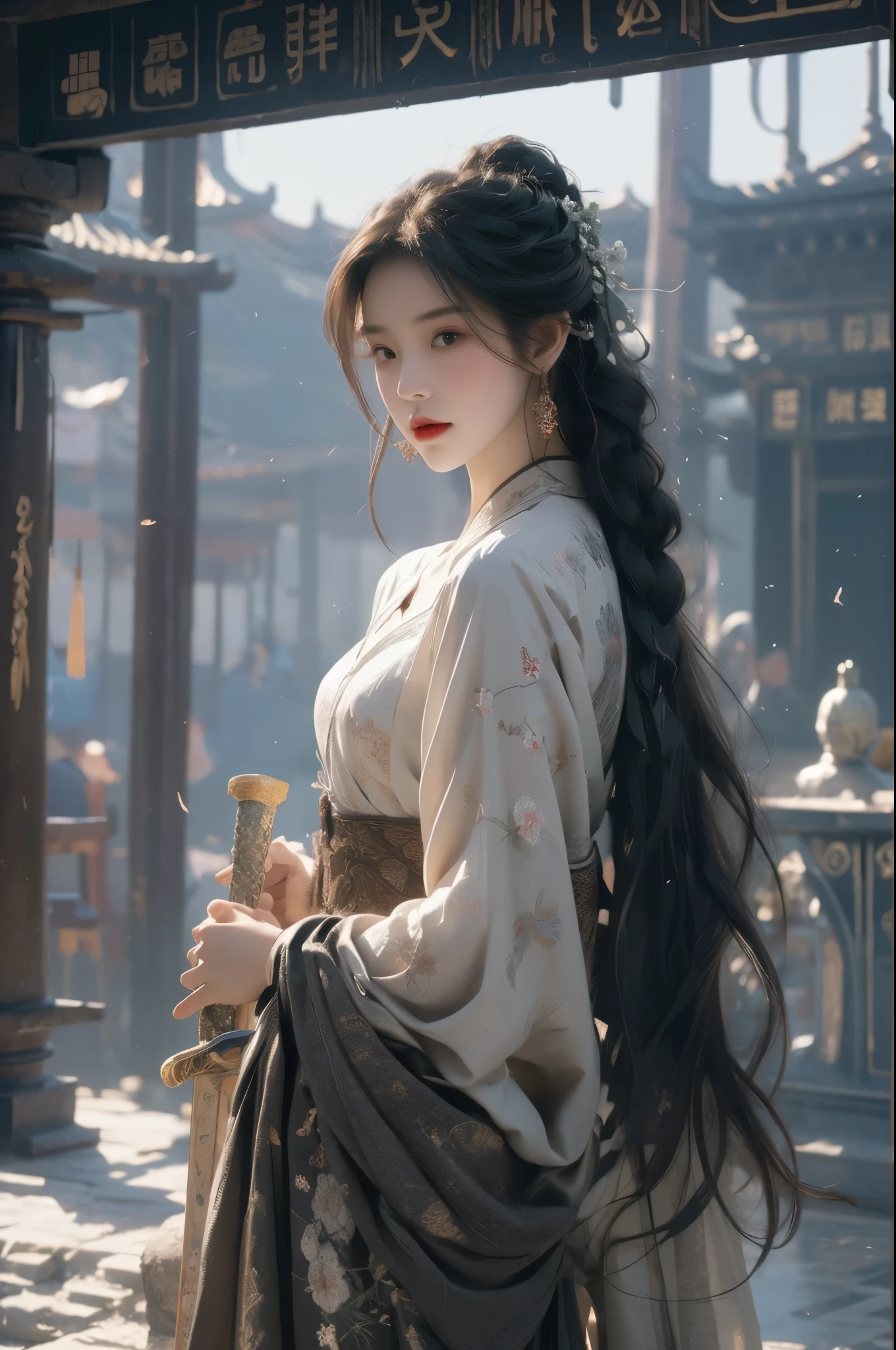 Best Quality, Masterpiece, Ultra High Resolution, (Realisticity:1.4), Original Photo, Cinematic Lighting, 1 girl, 20-year-old, solo, stand up straight to reveal your long thighs, medium breasts, (Girl holding a sword: 1.2), (Hanfu), (white clothes), black hair, bun, (tired up short braids), fair skin,  full body, midjourney portrait, ancient east Asia architecture, china dress,  ross-draws, global illumination, radiant light, detailed and intricate environment
